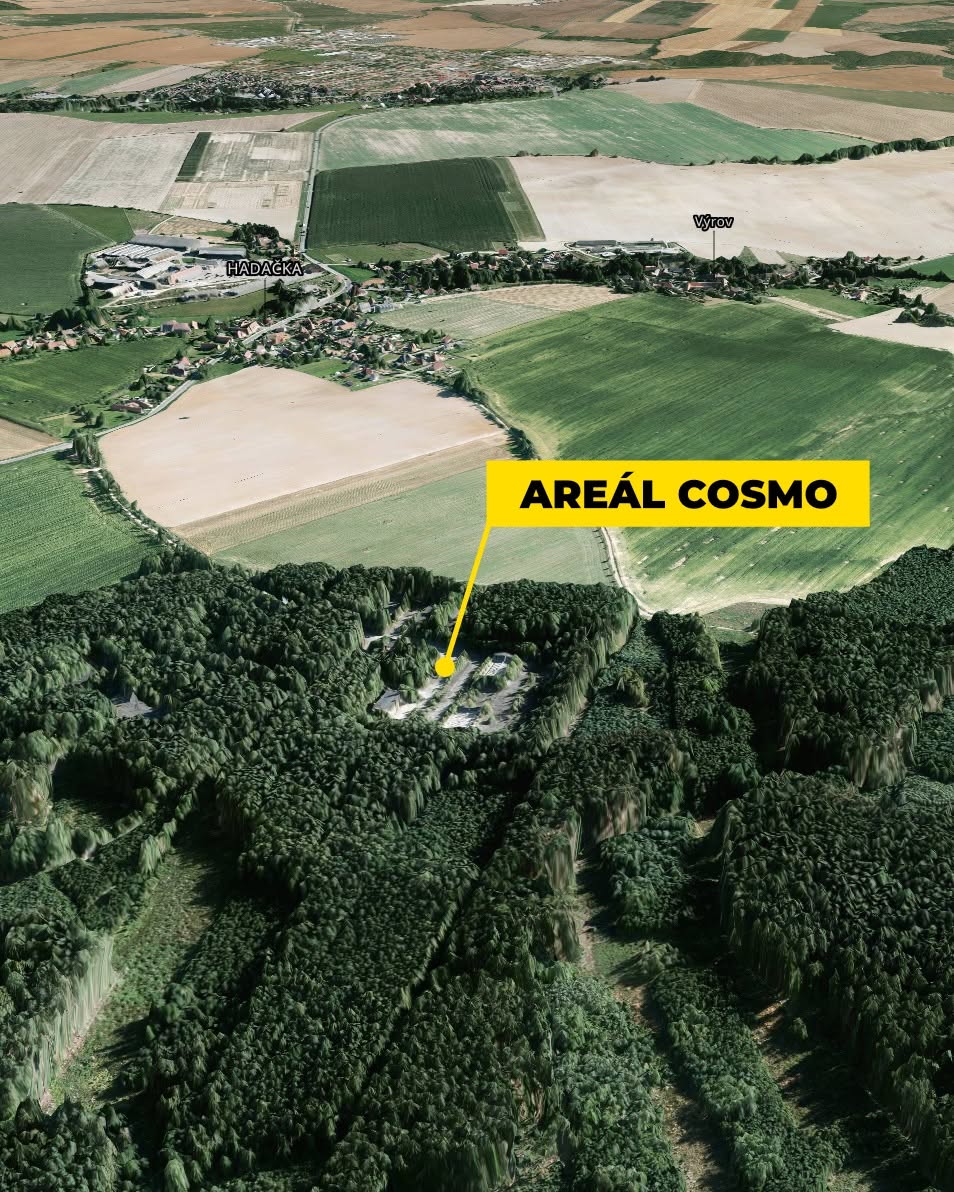 Aerial view of Areál Cosmo hidden in the forests near the village of Výrov, close to Plzeň